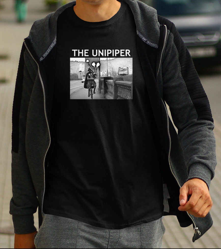 The Unipiper Cycling In Portland Oregon With Bagpipes And Cape T-Shirt