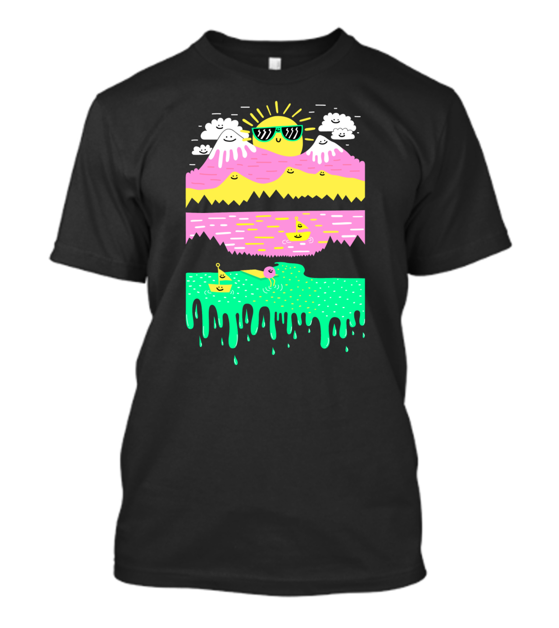 Smiley Sun Over Happy Mountain And Rainbow Dripping Lake With Sailboats T-Shirt