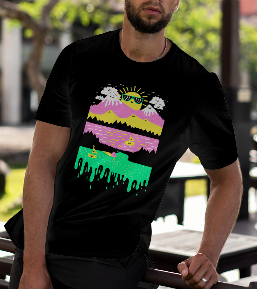 Smiley Sun Over Happy Mountain And Rainbow Dripping Lake With Sailboats T-Shirt