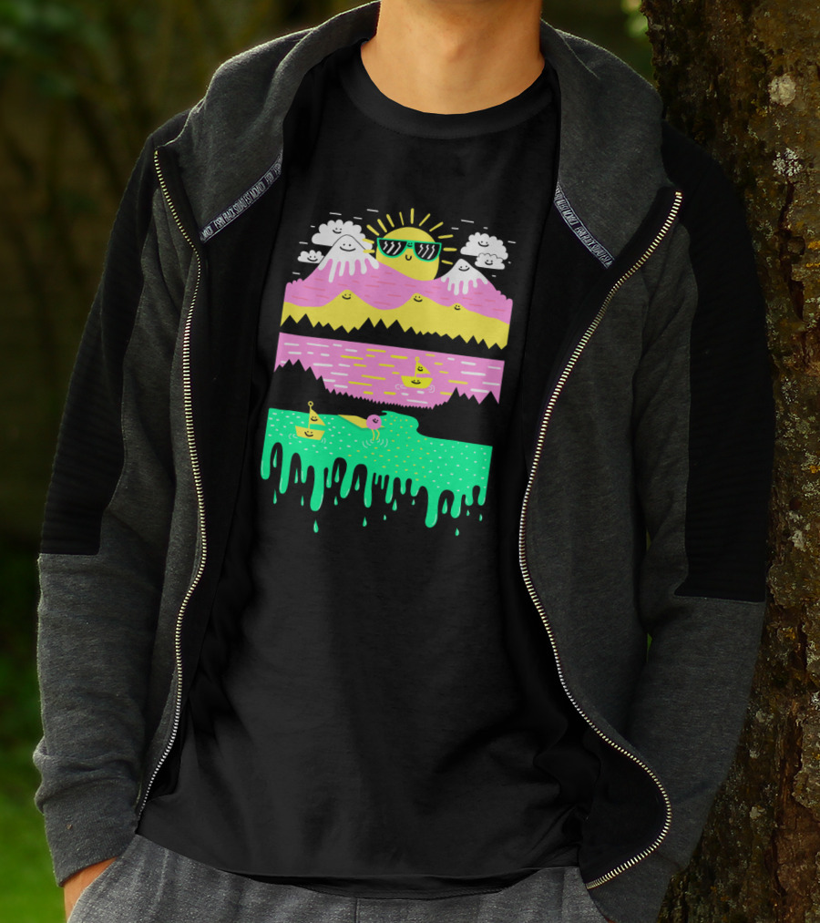 Smiley Sun Over Happy Mountain And Rainbow Dripping Lake With Sailboats T-Shirt
