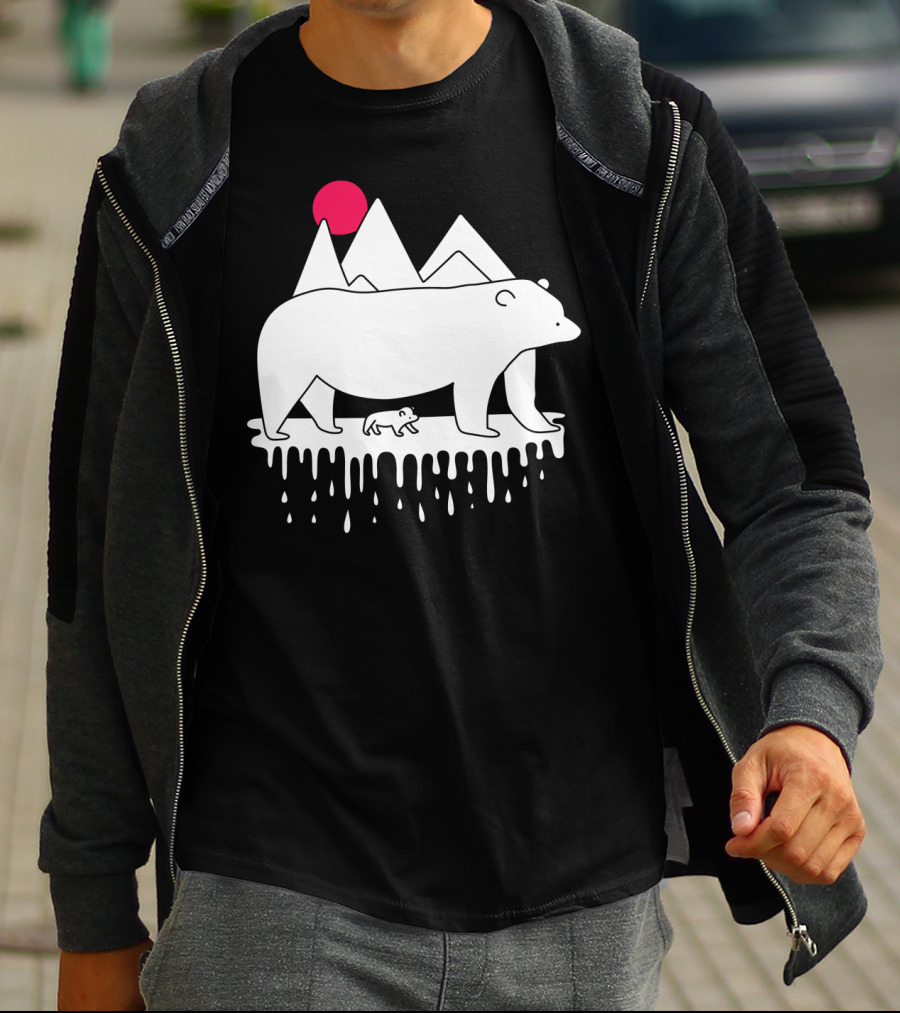 Polar Bear Family Dripping Ice Mountains Red Sun Scene T-Shirt