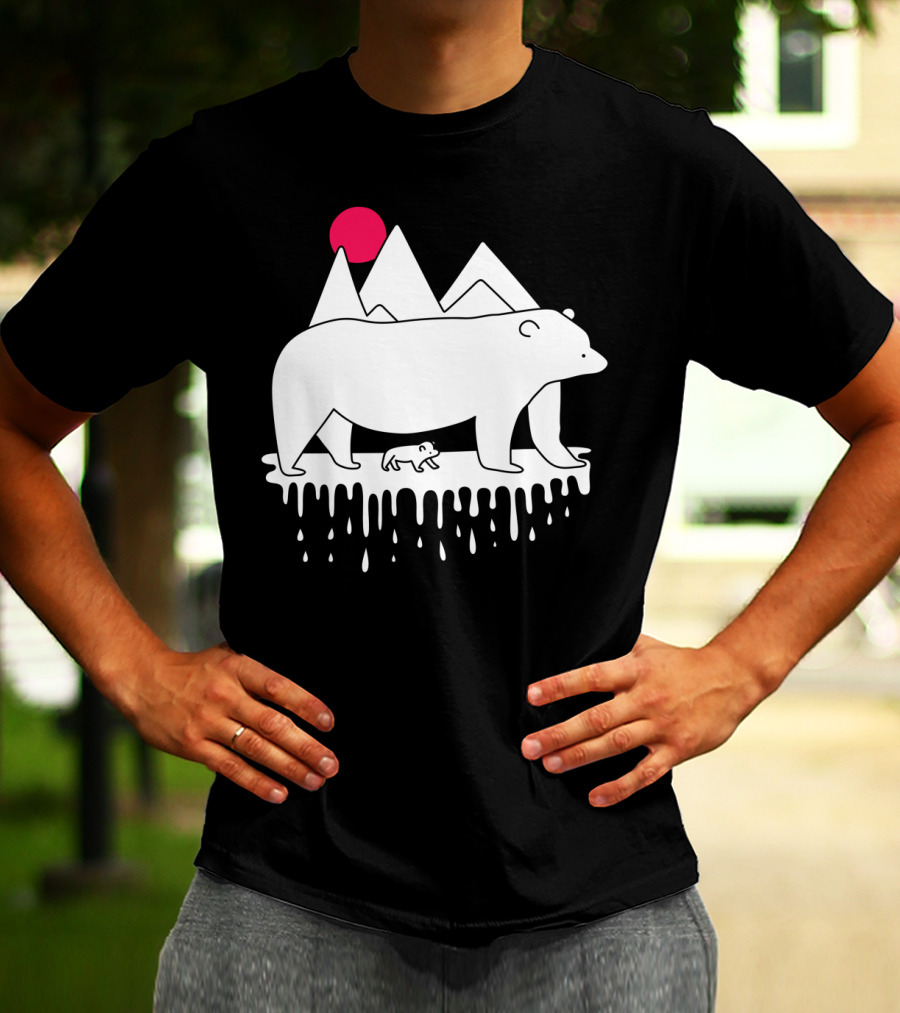 Polar Bear Family Dripping Ice Mountains Red Sun Scene T-Shirt