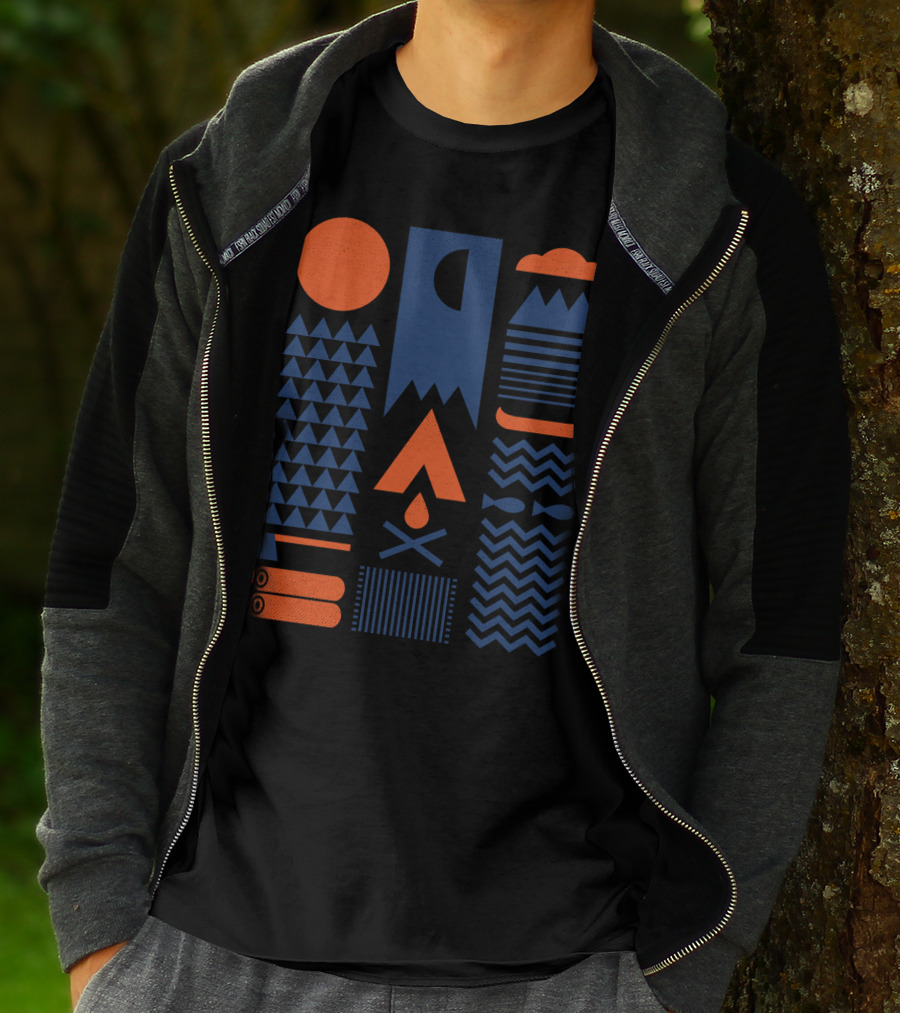 Geometric Nature Elements With Mountains Campfire Patterns And Moon Phases In Simplify T-Shirt
