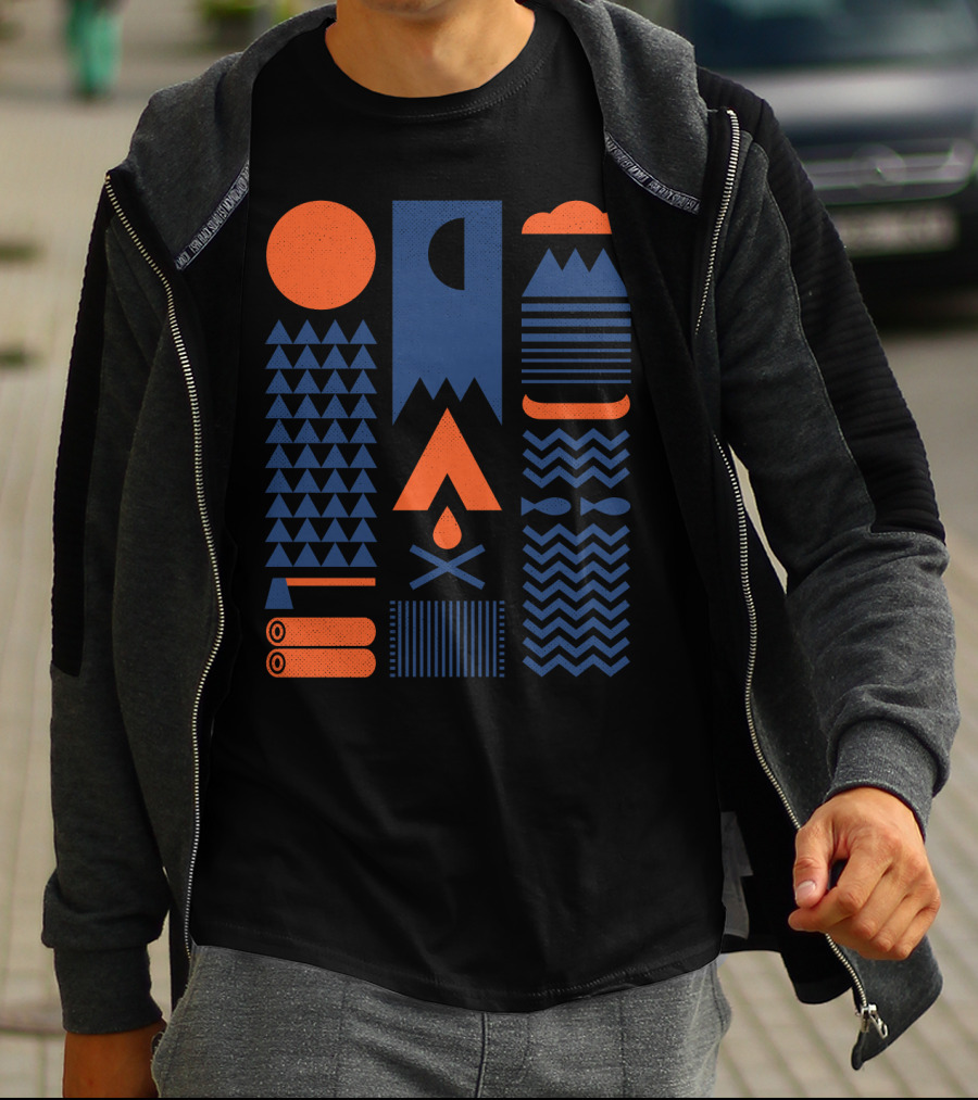 Geometric Nature Elements With Mountains Campfire Patterns And Moon Phases In Simplify T-Shirt