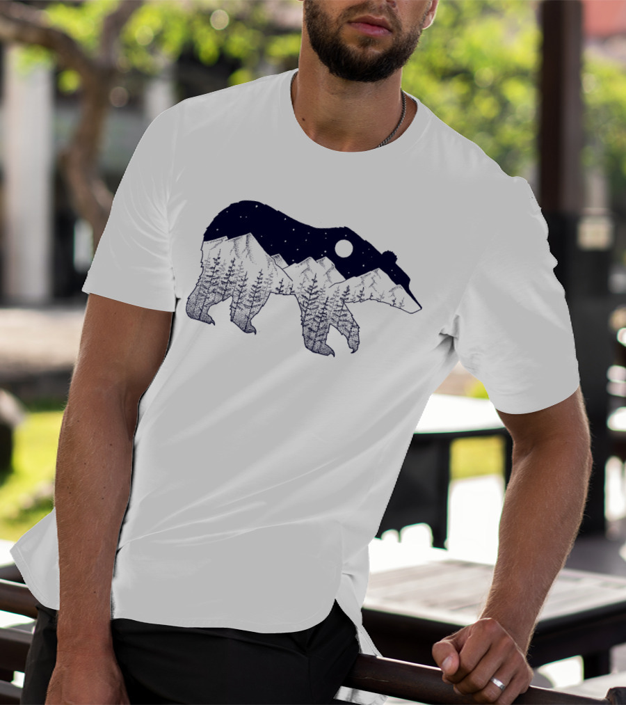 Ursa Major Bear Silhouette With Mountain And Night Sky Scene T-Shirt