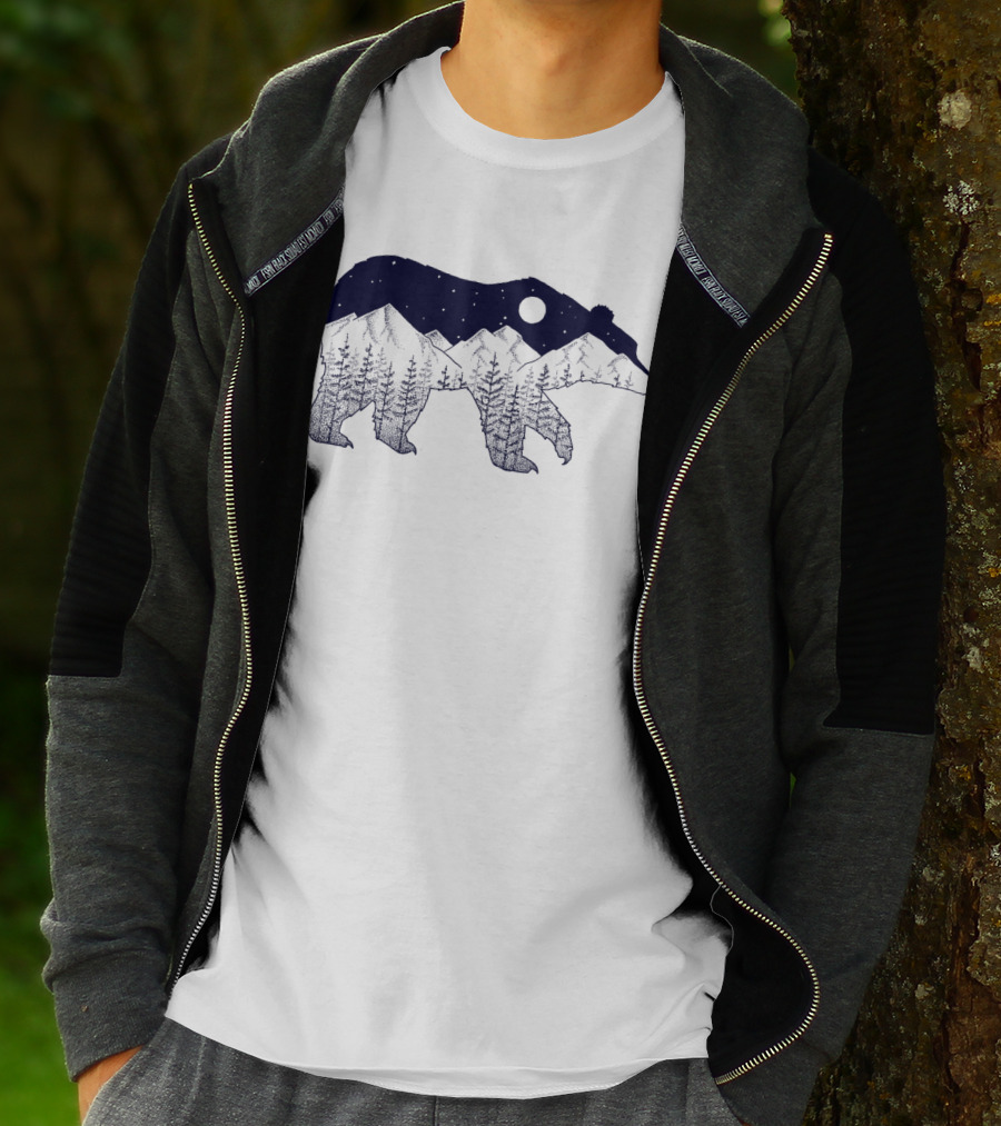 Ursa Major Bear Silhouette With Mountain And Night Sky Scene T-Shirt