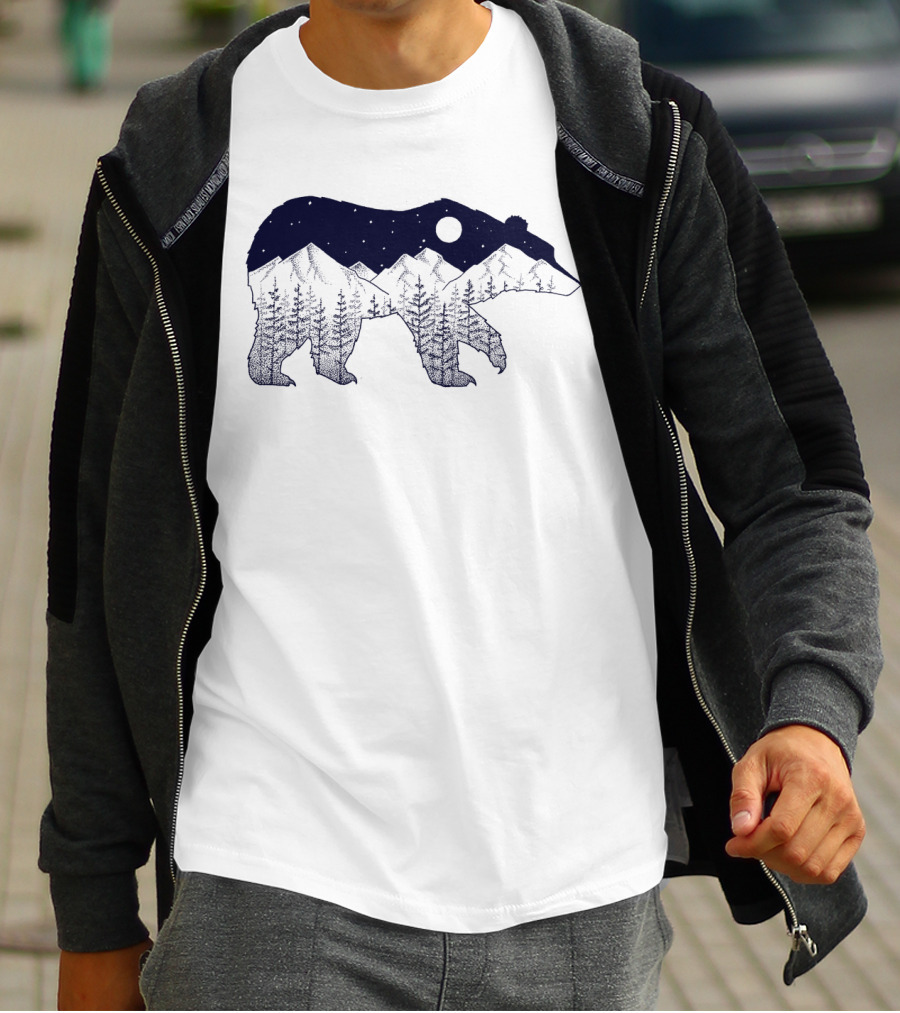 Ursa Major Bear Silhouette With Mountain And Night Sky Scene T-Shirt