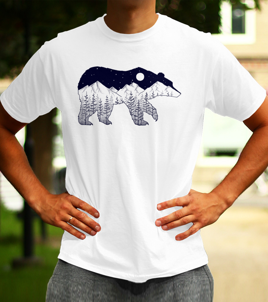 Ursa Major Bear Silhouette With Mountain And Night Sky Scene T-Shirt