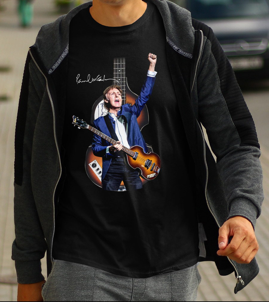 Paul McCartney Signature Bass Guitar Iconic Imagery With Raised Fist T-Shirt