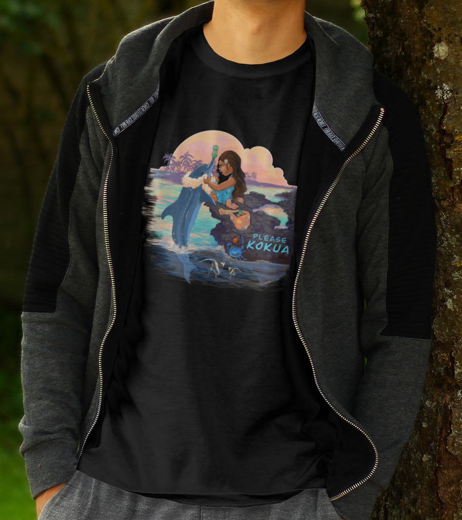 Please Kokua Beach Clean Up Ocean Dolphin Sunset Scene T-Shirt
