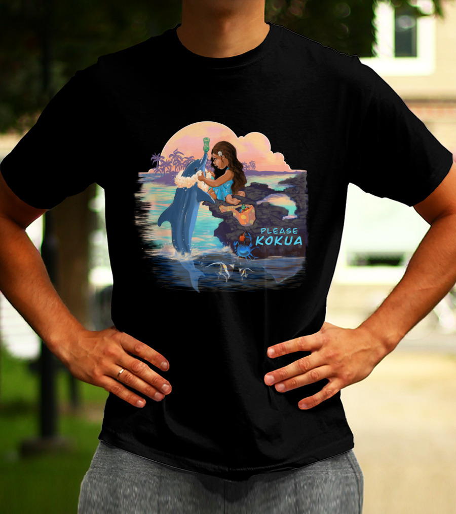 Please Kokua Beach Clean Up Ocean Dolphin Sunset Scene T-Shirt
