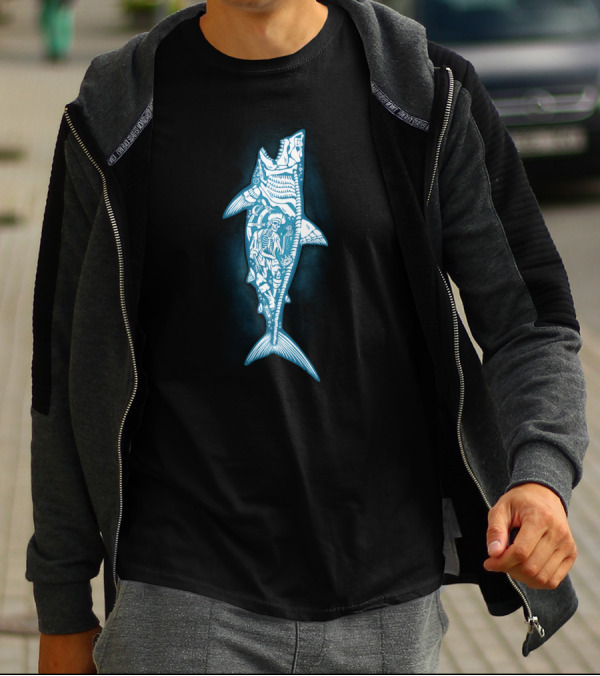 Pirate Skeleton Within Glowing Shark Hidden Treasure T-Shirt