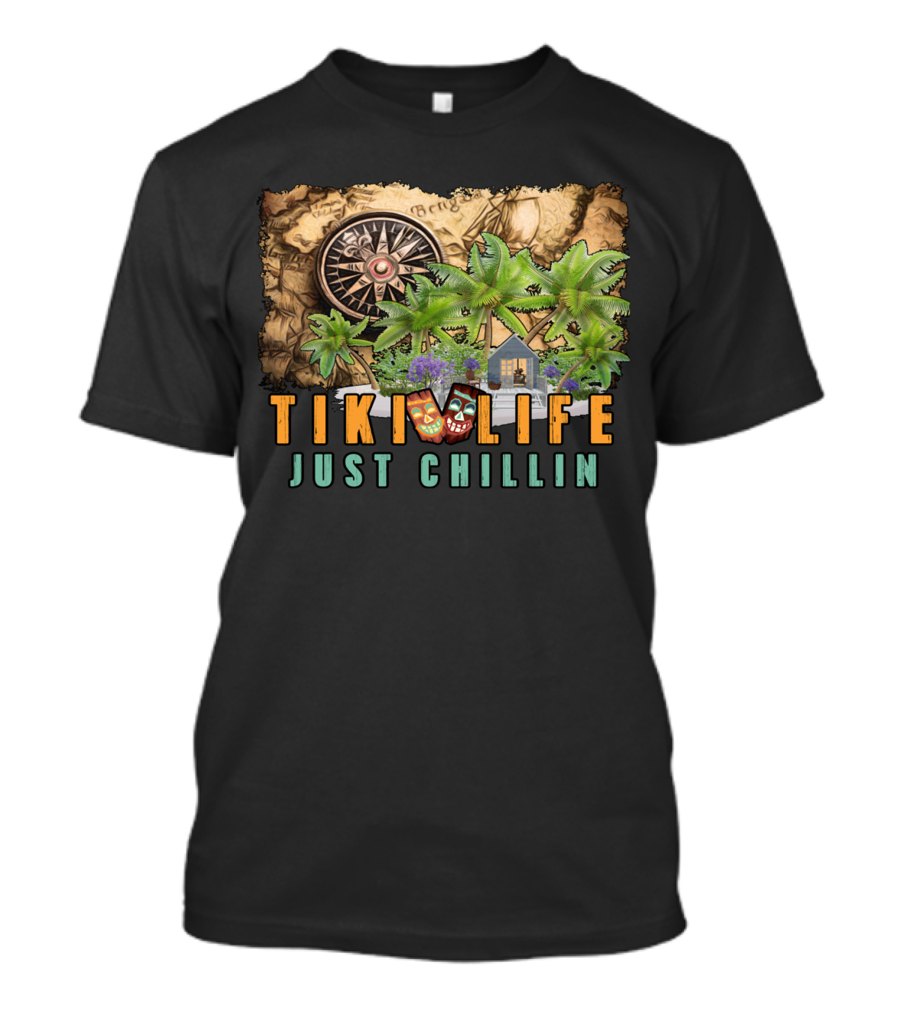 Tiki Life Just Chillin Tropical Oasis With Map And Compass T-Shirt