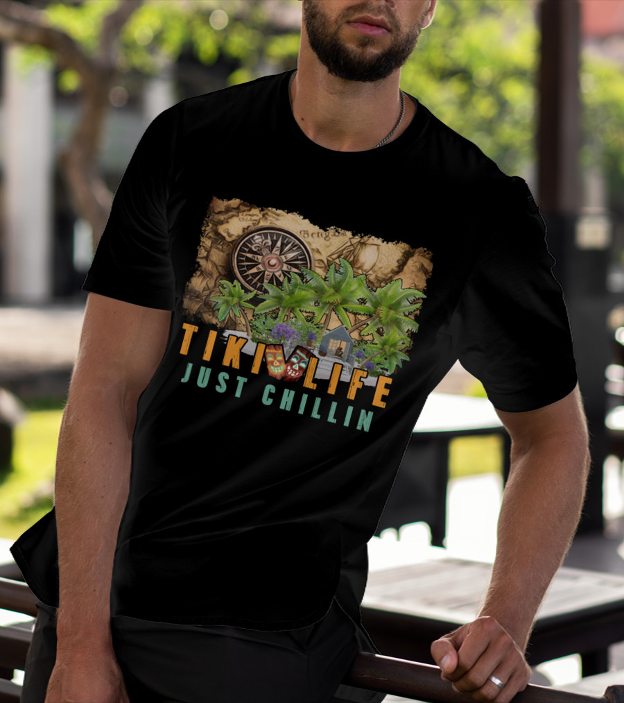 Tiki Life Just Chillin Tropical Oasis With Map And Compass T-Shirt