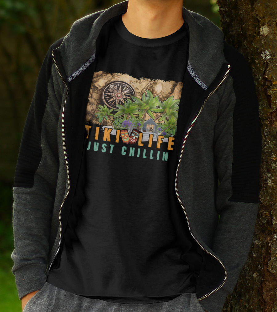 Tiki Life Just Chillin Tropical Oasis With Map And Compass T-Shirt