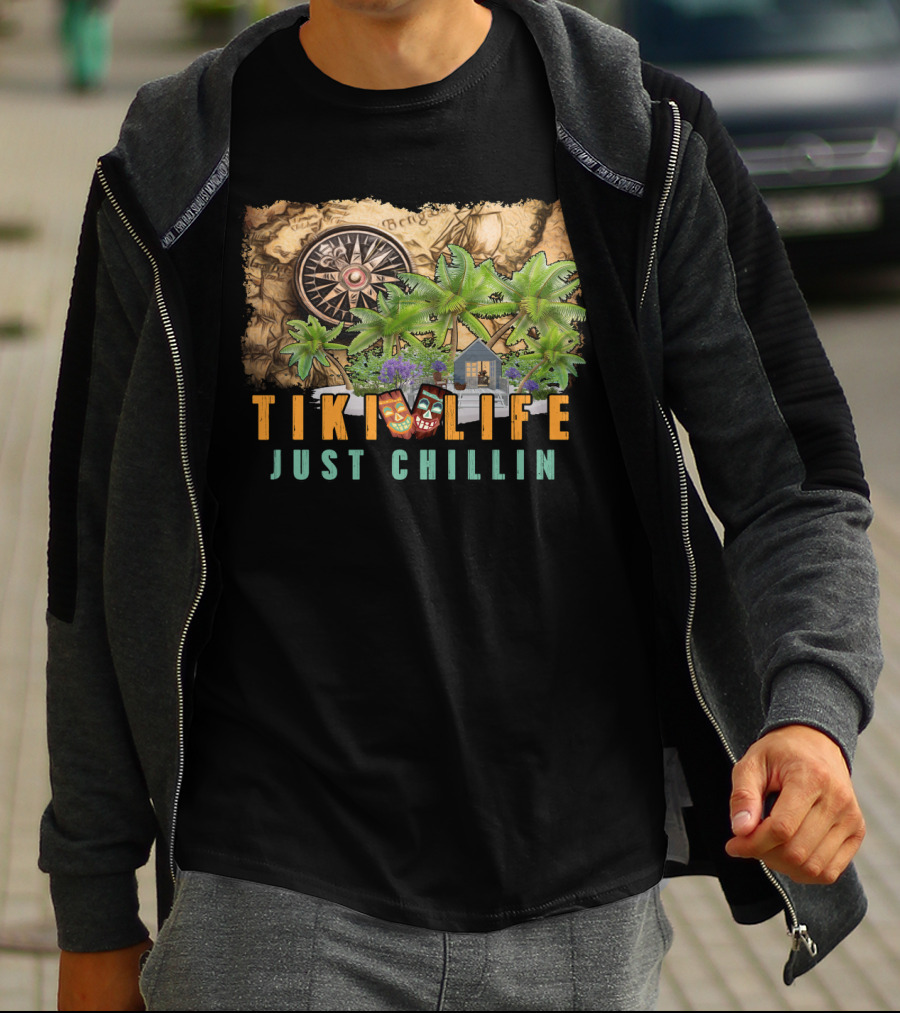 Tiki Life Just Chillin Tropical Oasis With Map And Compass T-Shirt