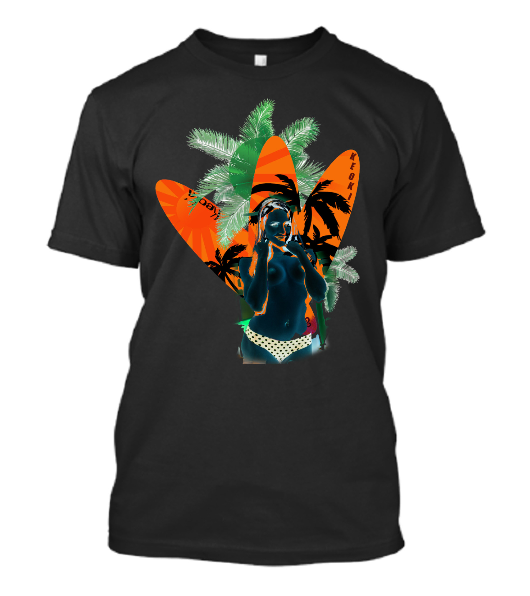 Tropical Surf Beach Babe With Palm Trees And Surfboards T-Shirt