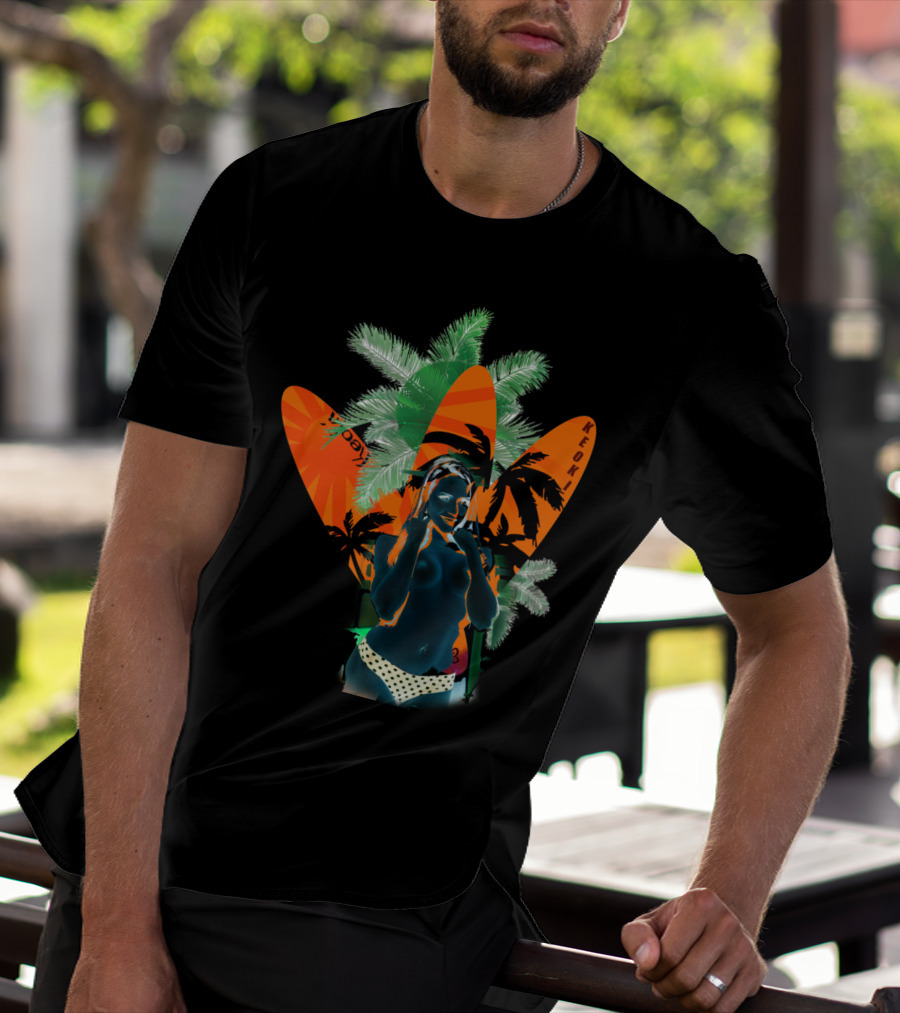 Tropical Surf Beach Babe With Palm Trees And Surfboards T-Shirt