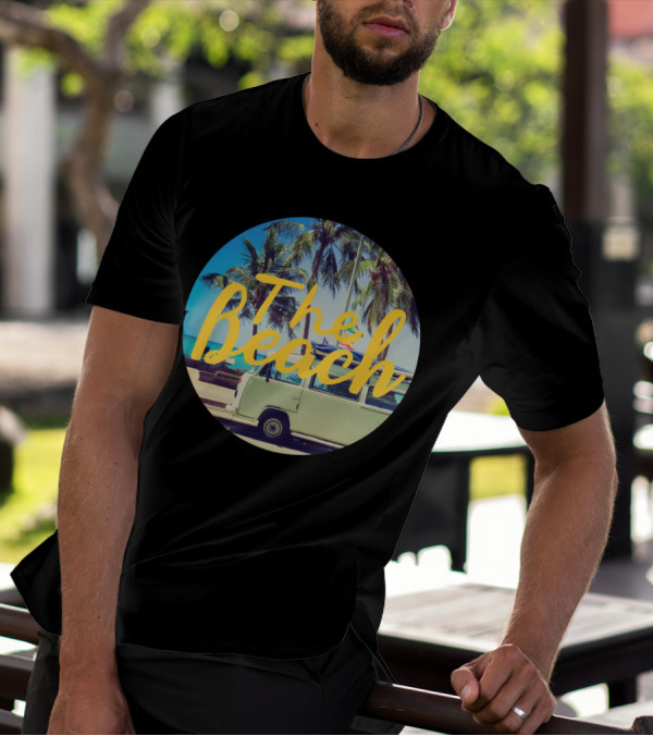 Volkswagen Van With Surfboard At The Beach Palm Trees Vintage Aesthetic T-Shirt