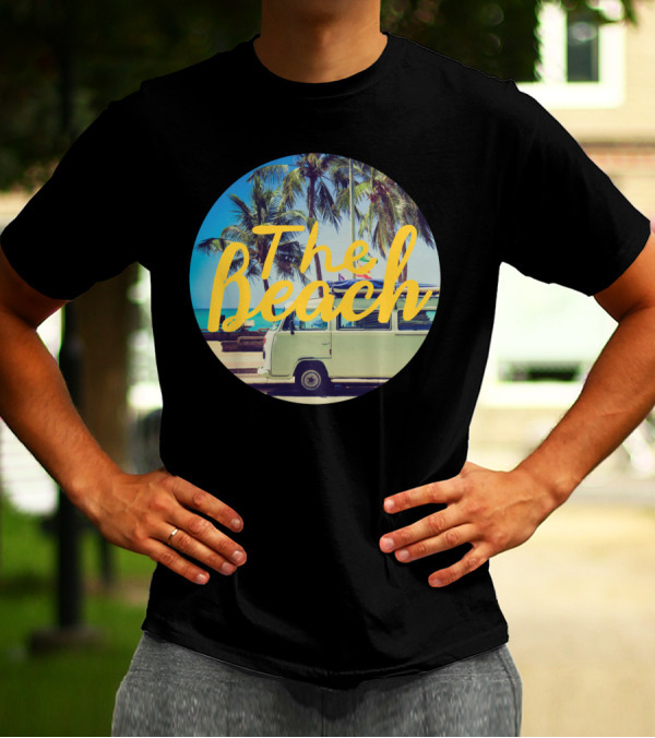 Volkswagen Van With Surfboard At The Beach Palm Trees Vintage Aesthetic T-Shirt