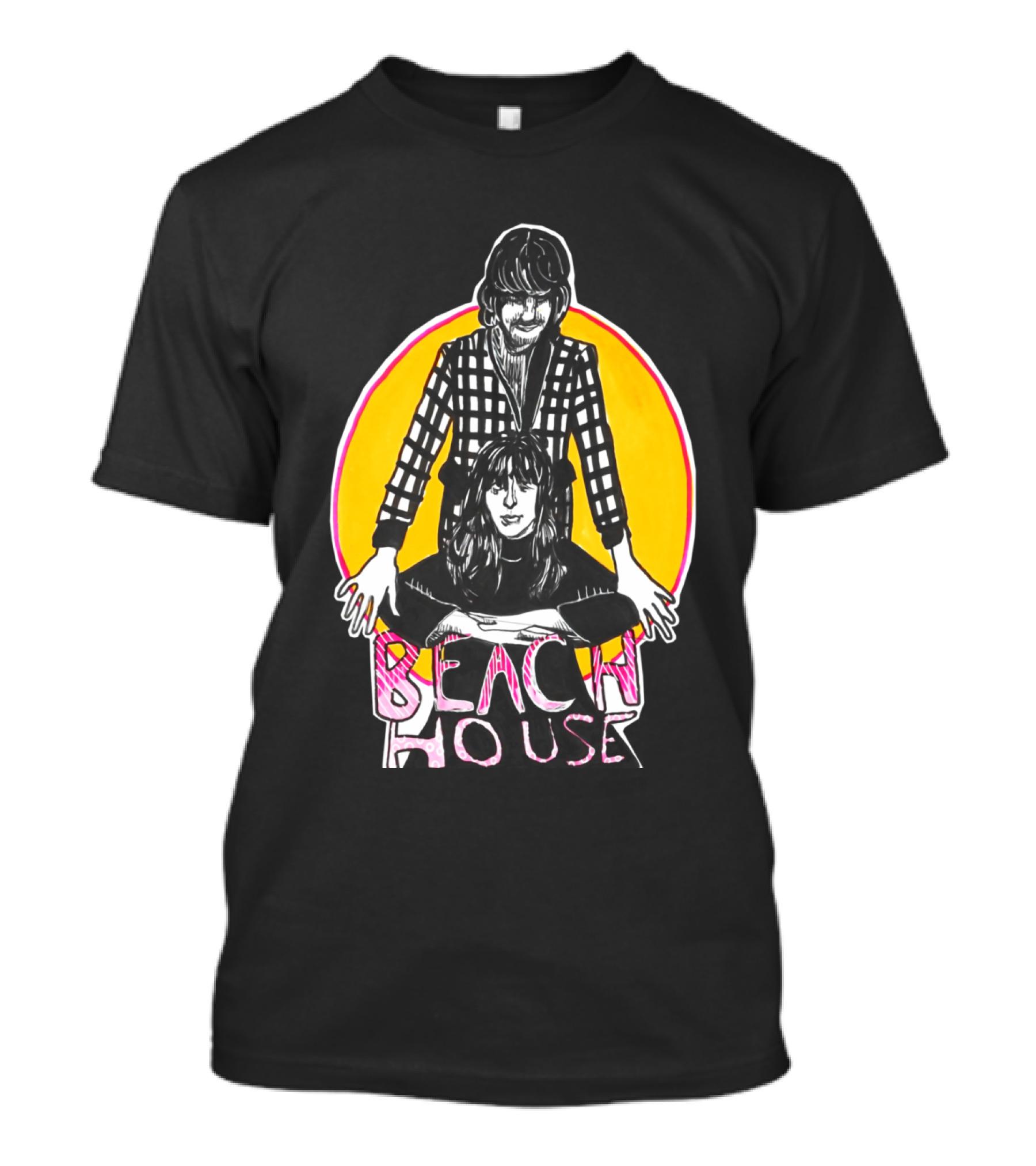 Beach House Illustrated Duo With Bold Yellow And Pink Circular Background T-Shirt