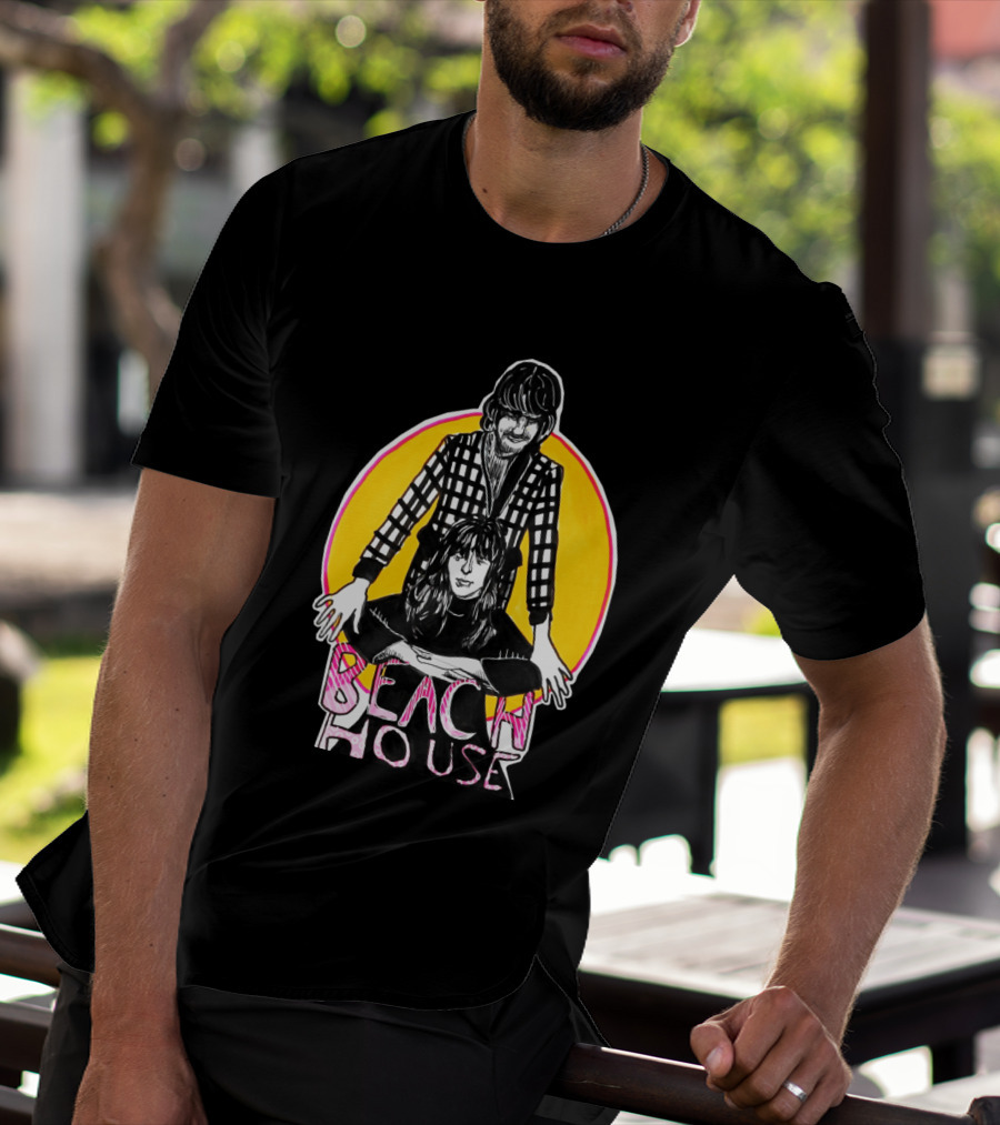 Beach House Illustrated Duo With Bold Yellow And Pink Circular Background T-Shirt