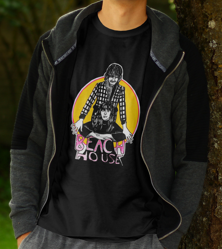 Beach House Illustrated Duo With Bold Yellow And Pink Circular Background T-Shirt