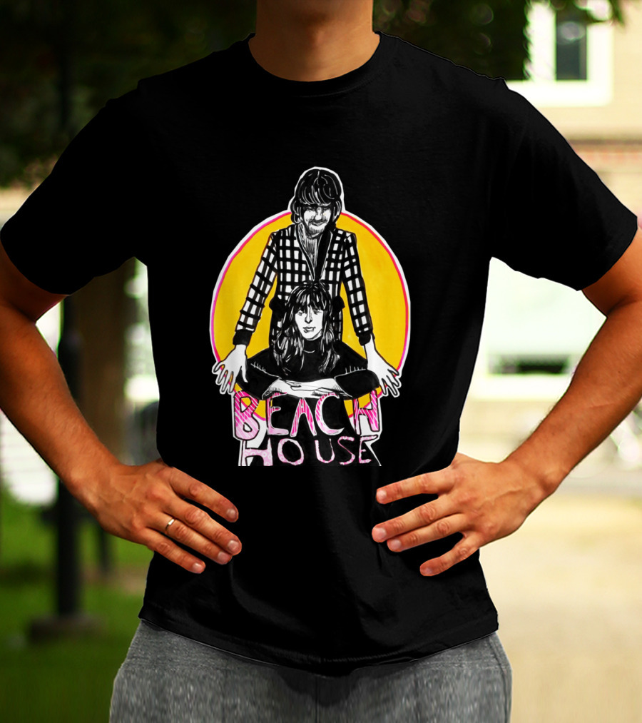 Beach House Illustrated Duo With Bold Yellow And Pink Circular Background T-Shirt