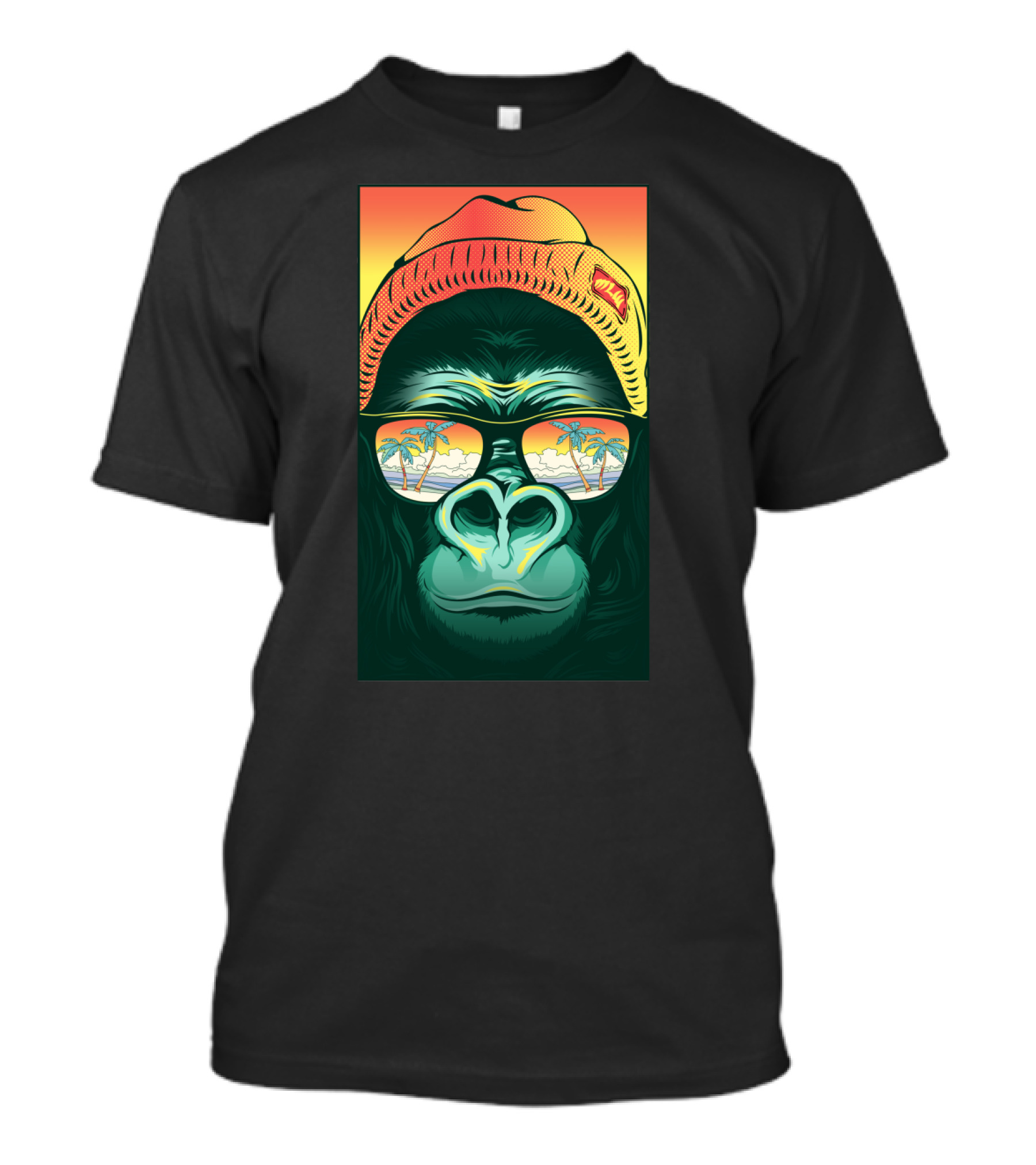 Beach Bum Gorilla Wearing Shades And Beanie With Tropical Palm Tree Reflection T-Shirt