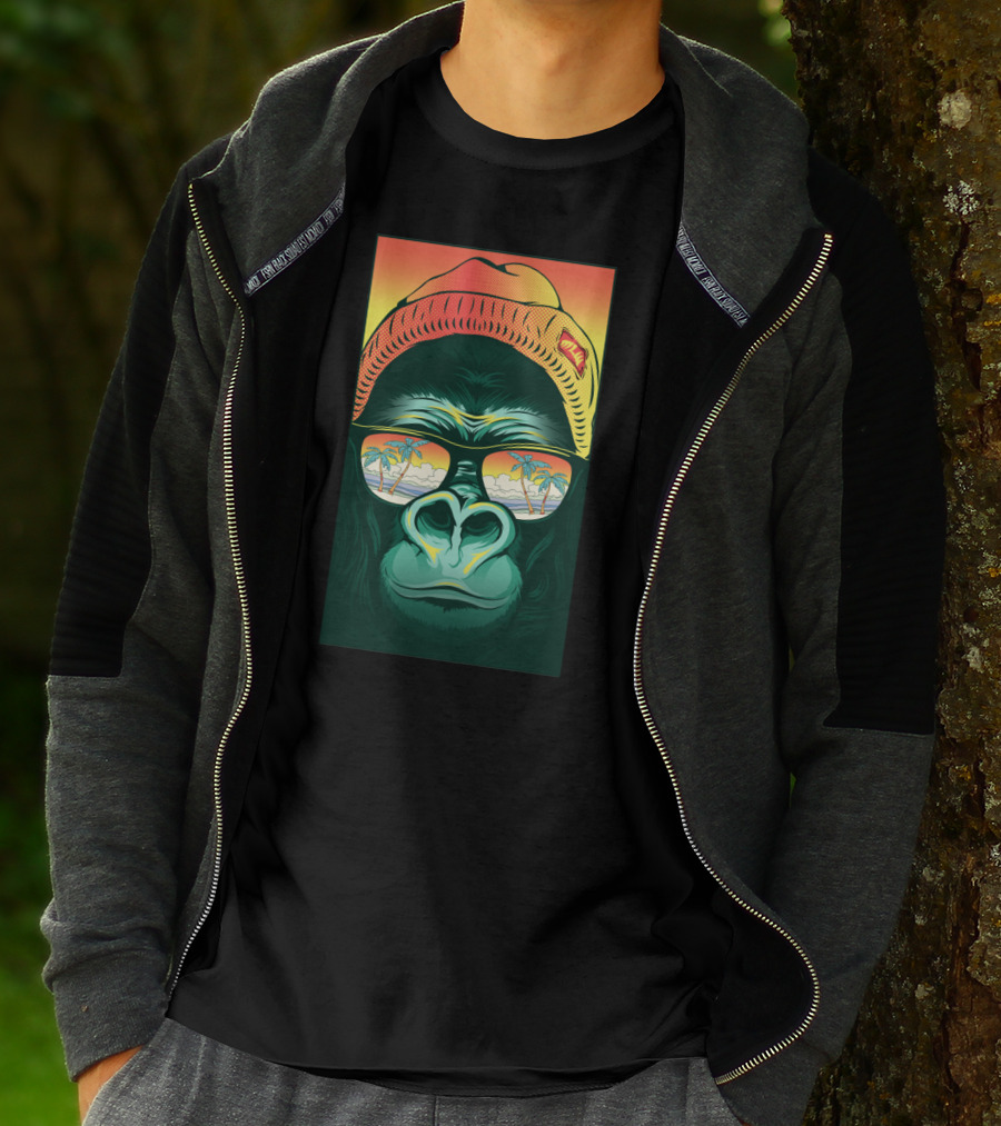 Beach Bum Gorilla Wearing Shades And Beanie With Tropical Palm Tree Reflection T-Shirt