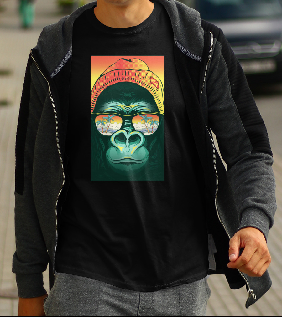 Beach Bum Gorilla Wearing Shades And Beanie With Tropical Palm Tree Reflection T-Shirt