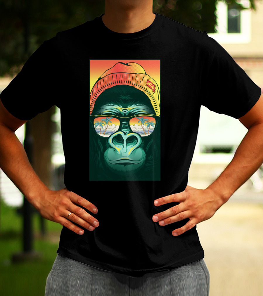 Beach Bum Gorilla Wearing Shades And Beanie With Tropical Palm Tree Reflection T-Shirt