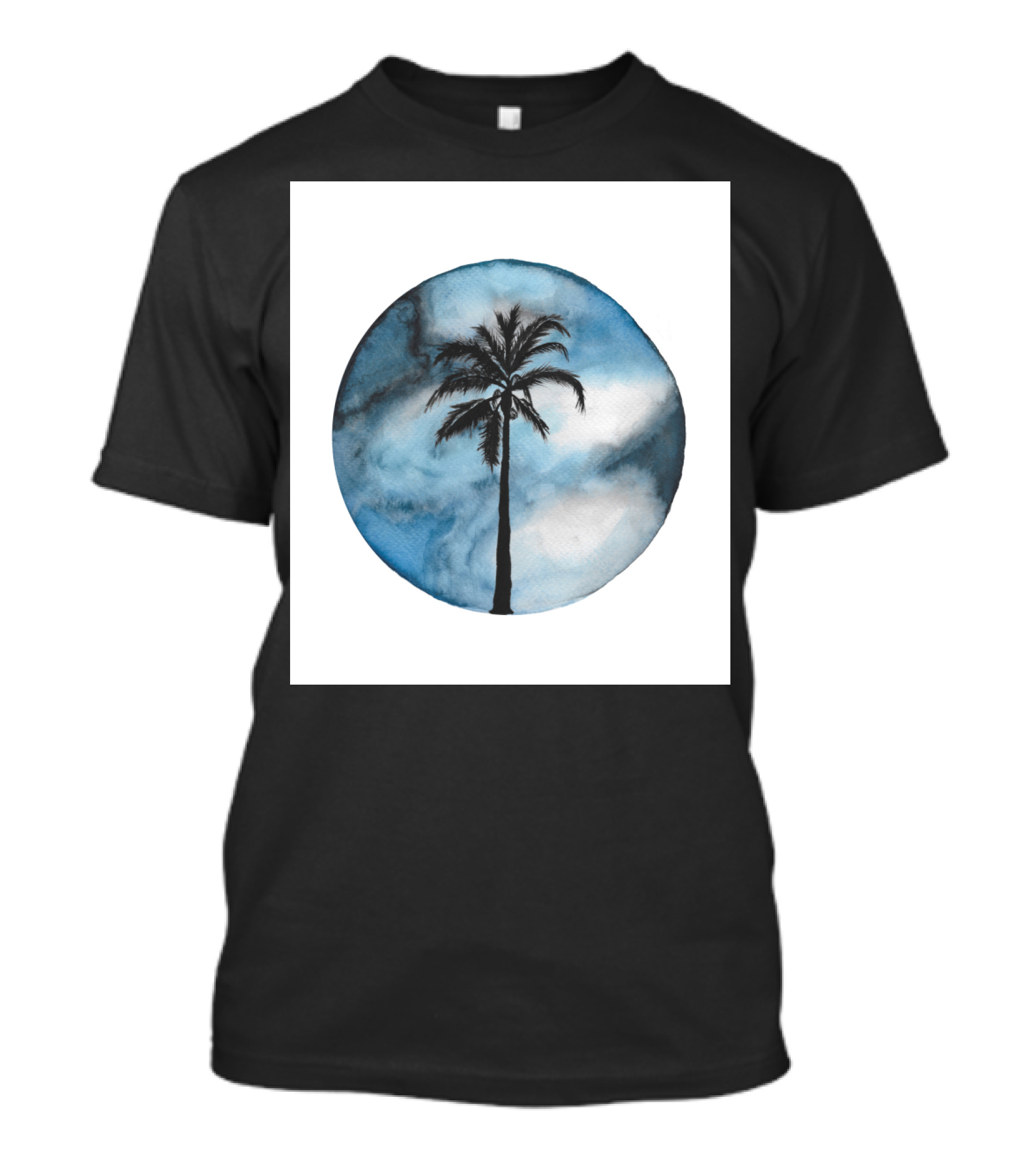 Blue Beach Palm Against Cloudy Sky In Circular T-Shirt