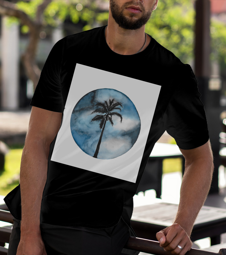 Blue Beach Palm Against Cloudy Sky In Circular T-Shirt