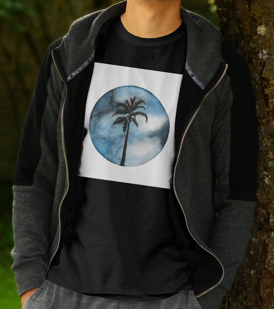 Blue Beach Palm Against Cloudy Sky In Circular T-Shirt