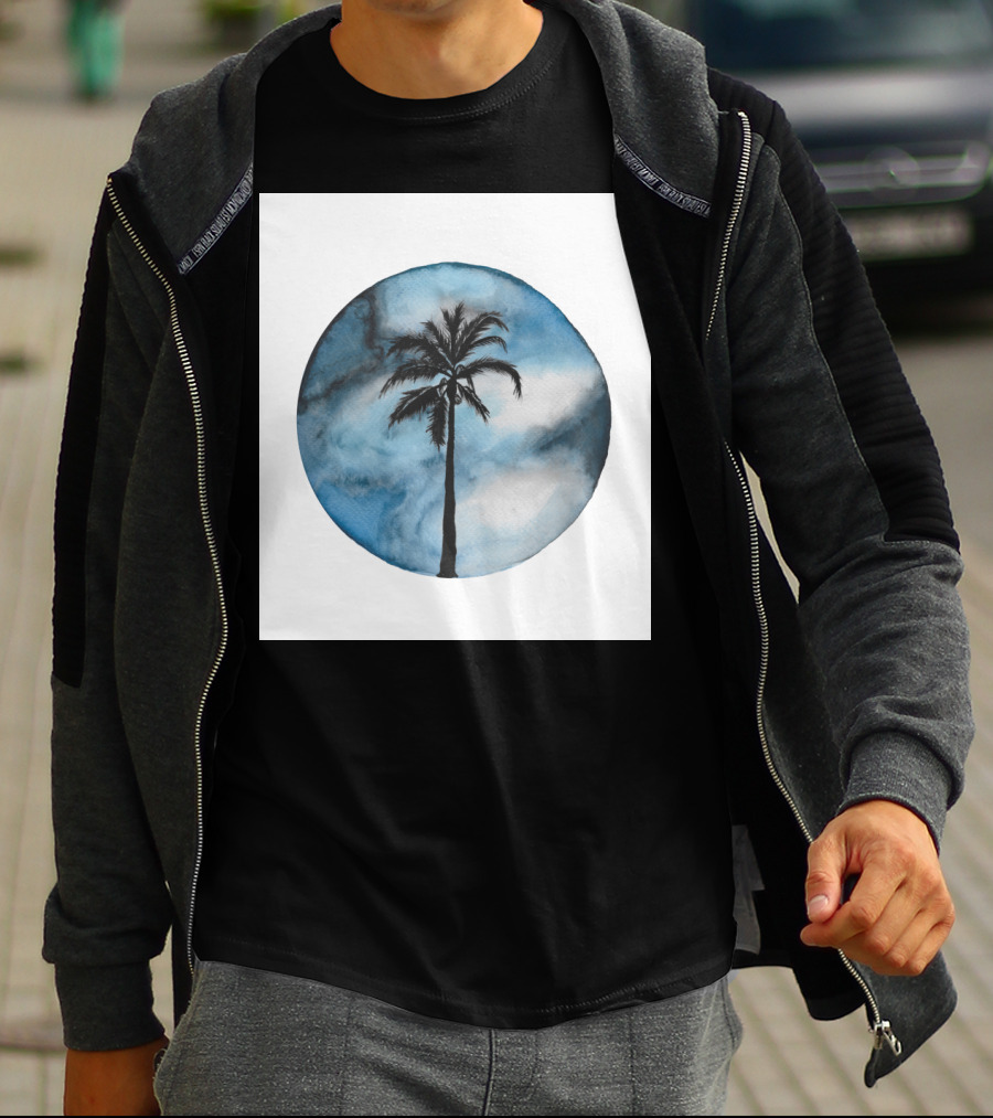 Blue Beach Palm Against Cloudy Sky In Circular T-Shirt