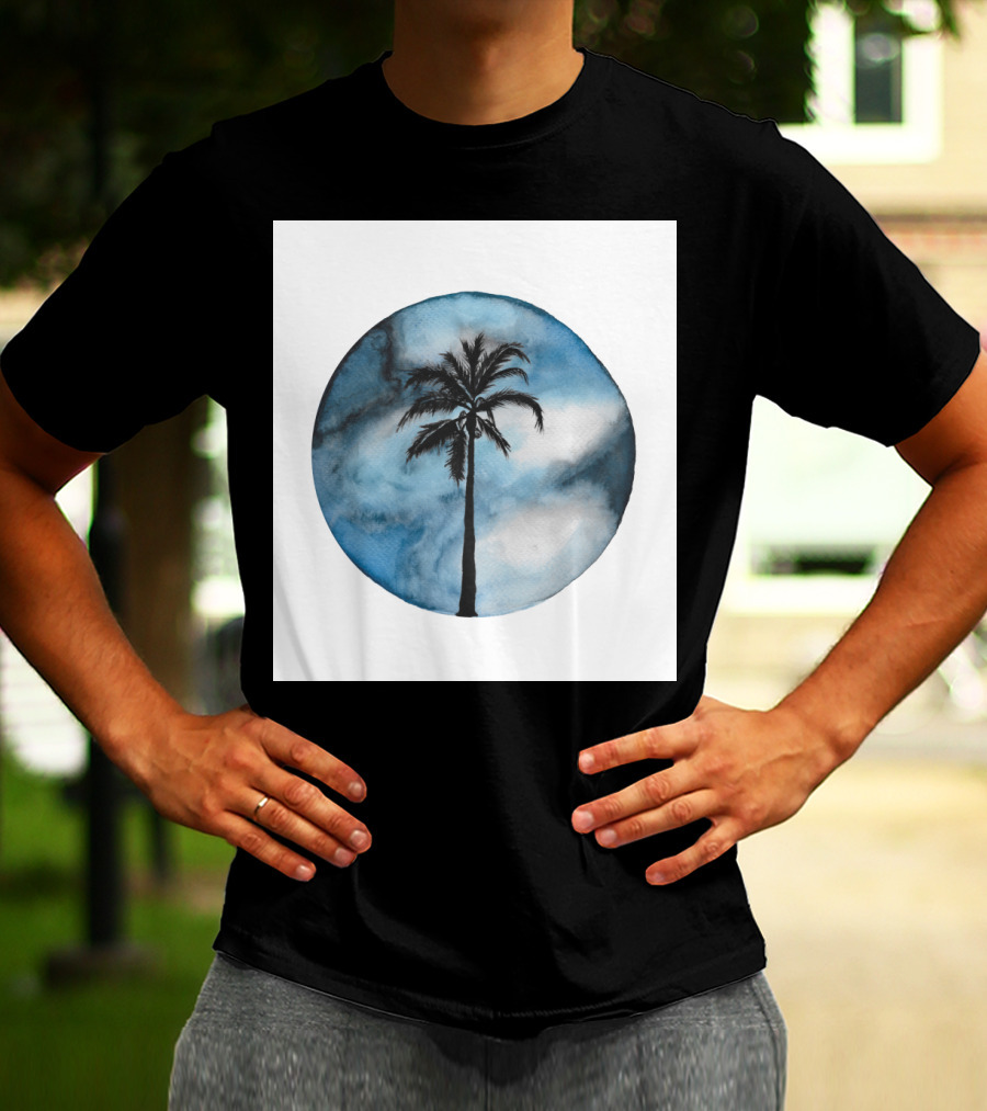 Blue Beach Palm Against Cloudy Sky In Circular T-Shirt