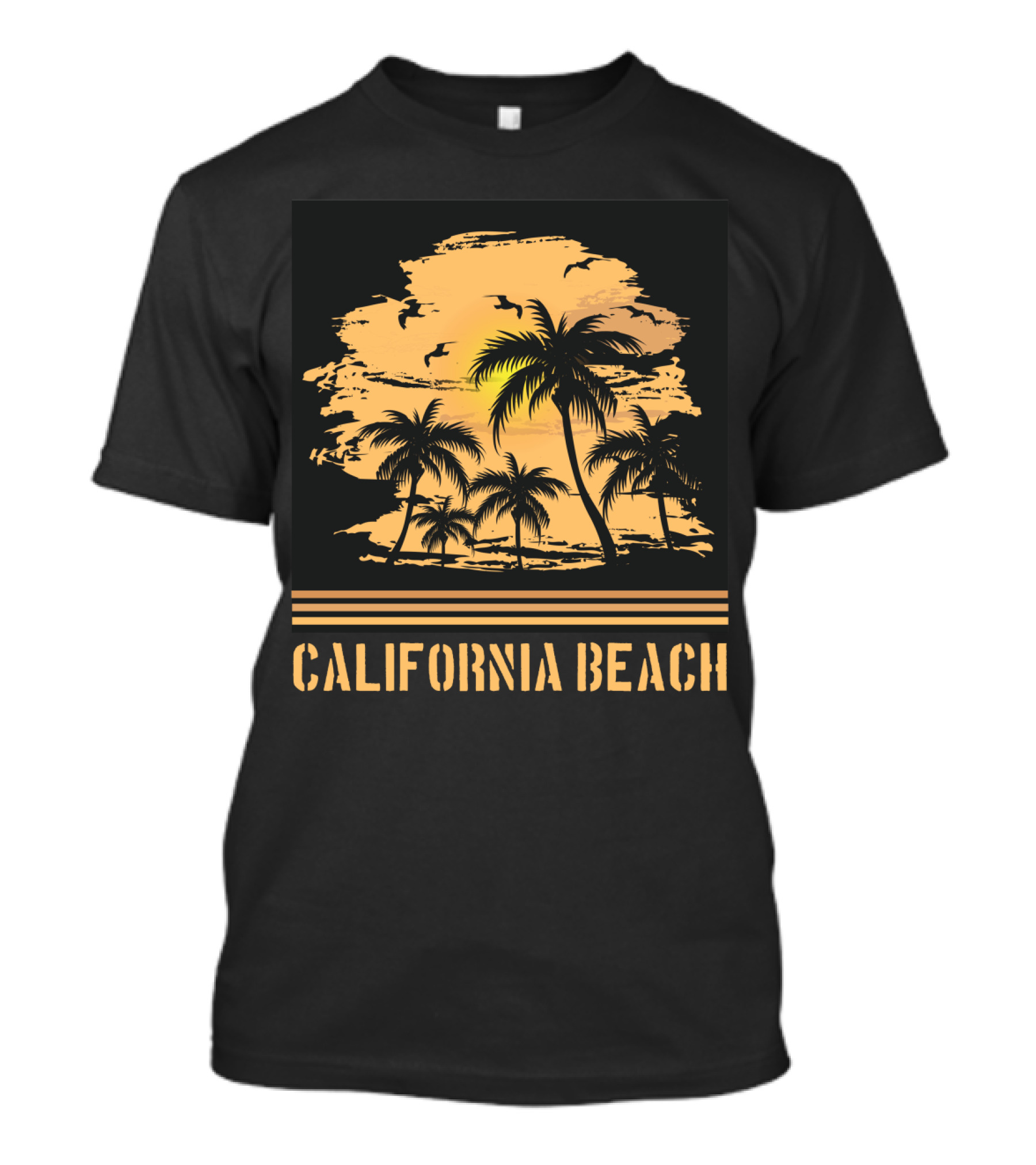 California Beach Sunset Palms Silhouette With Birds And Ocean Breeze T-Shirt