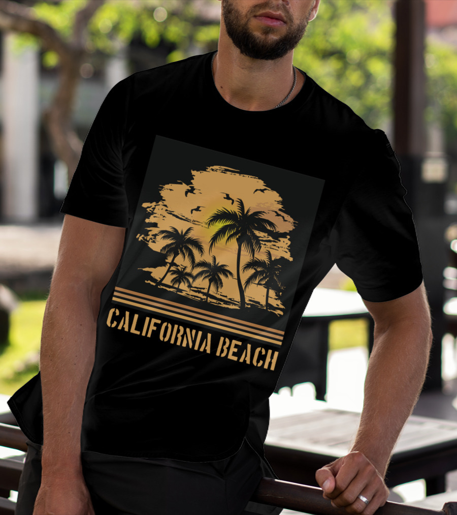 California Beach Sunset Palms Silhouette With Birds And Ocean Breeze T-Shirt