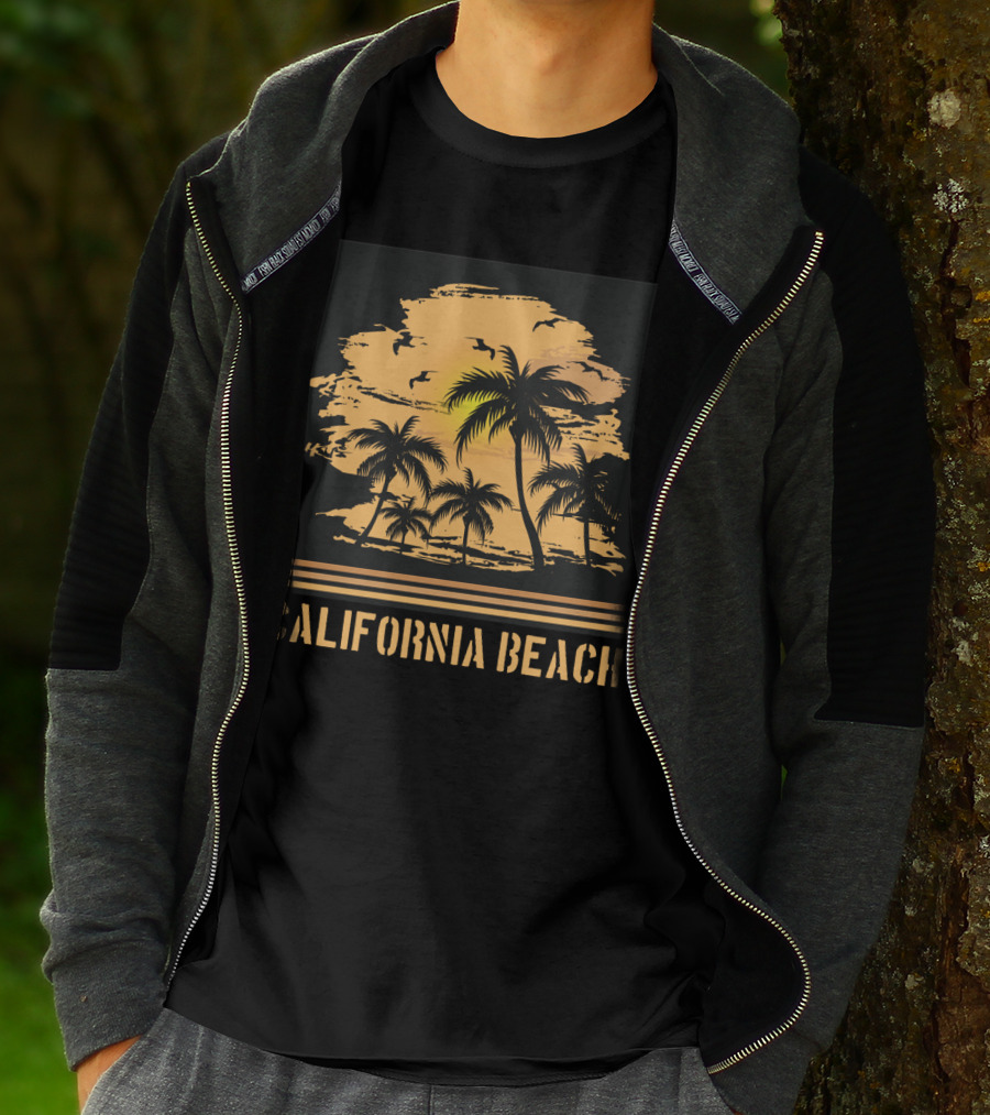 California Beach Sunset Palms Silhouette With Birds And Ocean Breeze T-Shirt