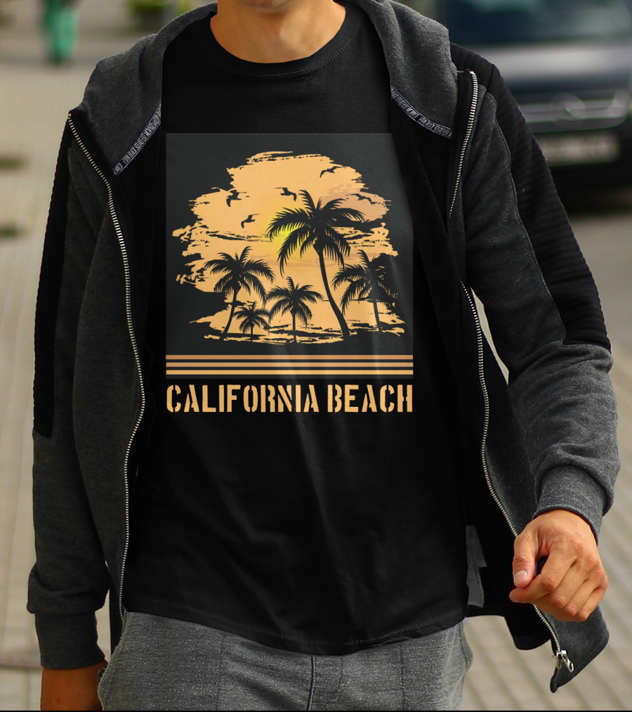 California Beach Sunset Palms Silhouette With Birds And Ocean Breeze T-Shirt