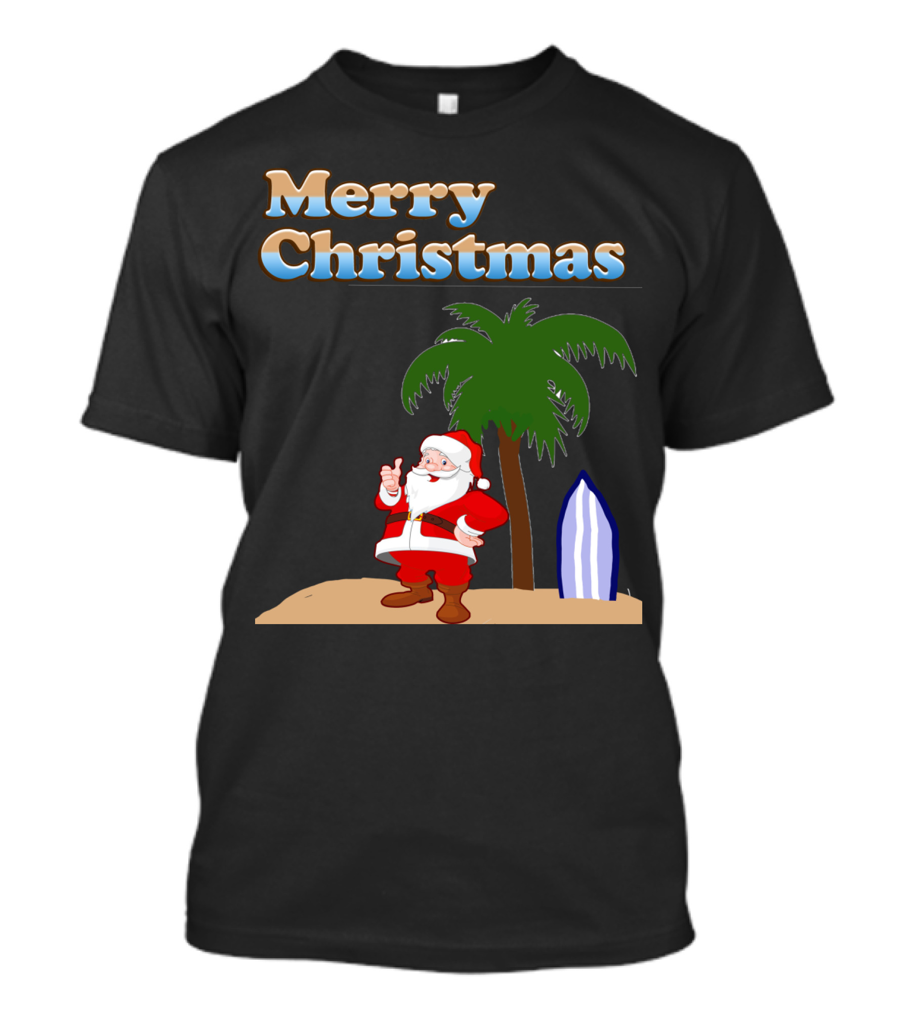 Merry Christmas Beach Santa With Surfboard And Palm Tree T-Shirt