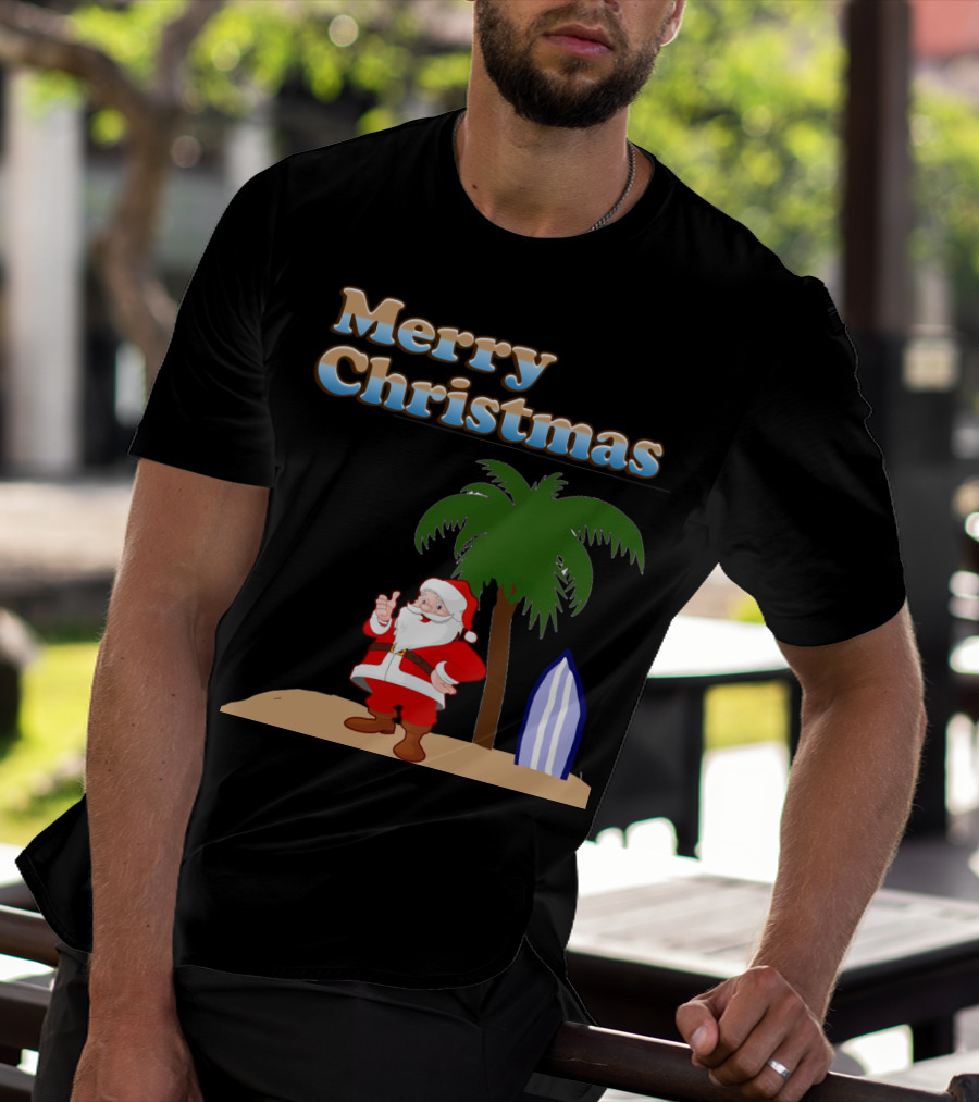 Merry Christmas Beach Santa With Surfboard And Palm Tree T-Shirt