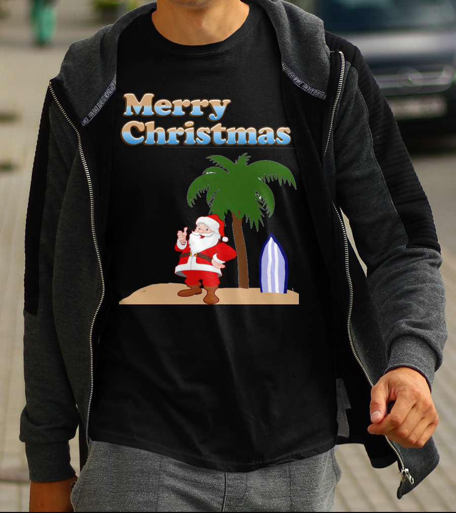Merry Christmas Beach Santa With Surfboard And Palm Tree T-Shirt