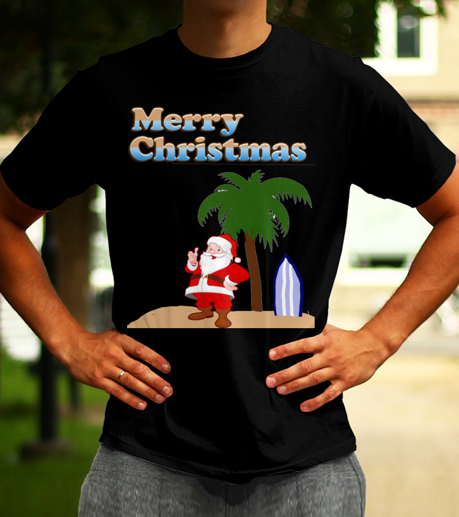 Merry Christmas Beach Santa With Surfboard And Palm Tree T-Shirt