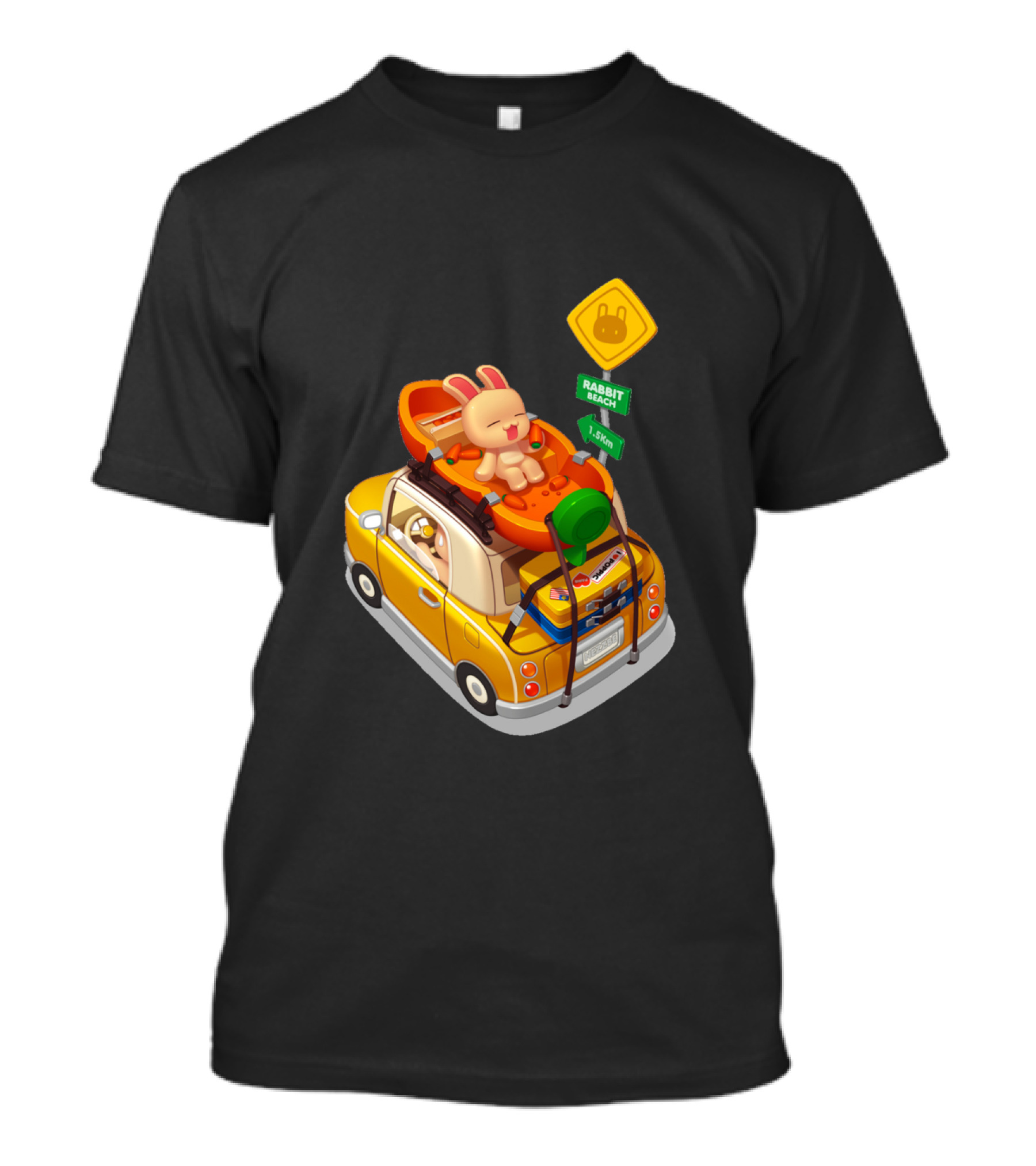 Rabbit Beach Road Trip Adventure Sign With Yellow Car And Surfboard T-Shirt