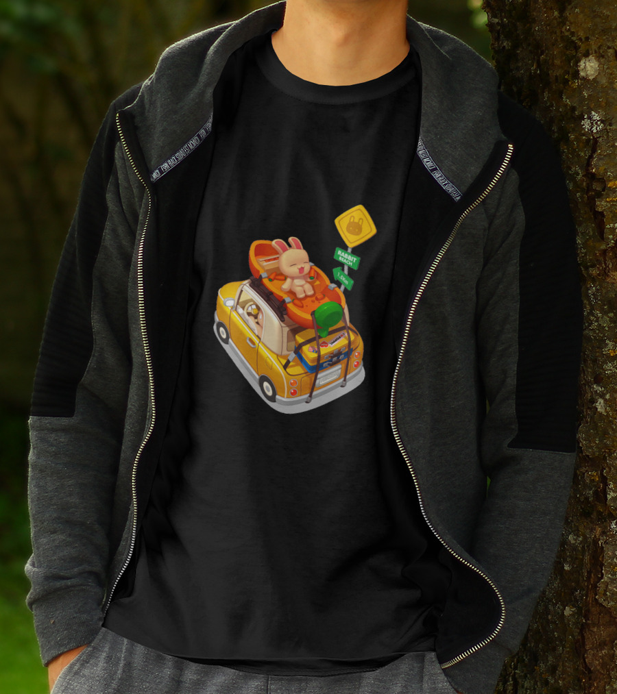 Rabbit Beach Road Trip Adventure Sign With Yellow Car And Surfboard T-Shirt