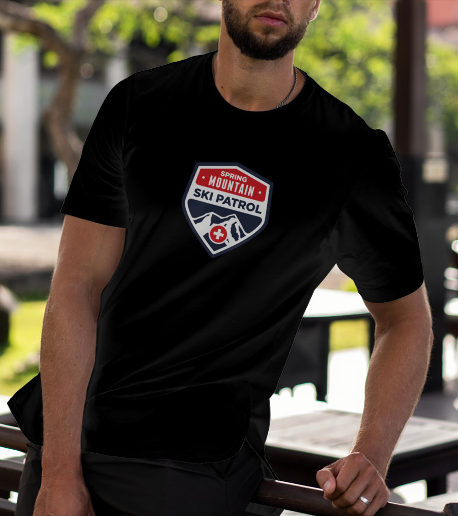 Spring Mountain Ski Patrol Shield Emblem With Red Cross And Snowy Peaks T-Shirt