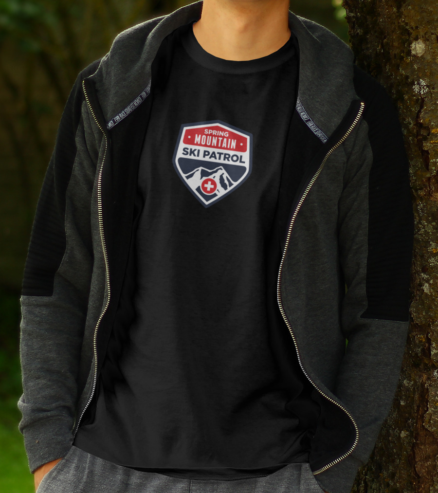 Spring Mountain Ski Patrol Shield Emblem With Red Cross And Snowy Peaks T-Shirt