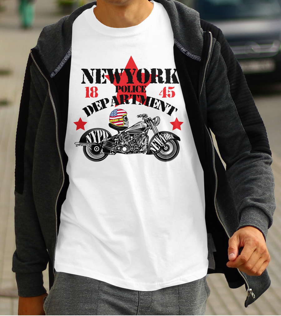 NEWYORK Police Department 1845 NYPD Motorcycle Skull Helmet Stars T-Shirt